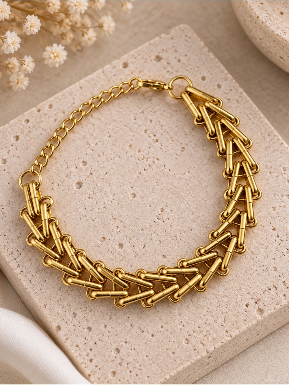 18K Gold Plated Stainless Steel Geometric Woven Link Statement Bracelet
